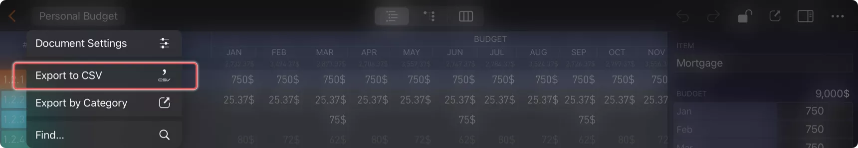 Export to CSV Menu 1